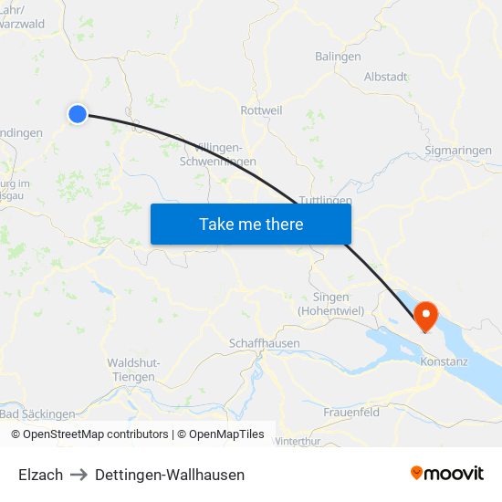 Elzach to Dettingen-Wallhausen map
