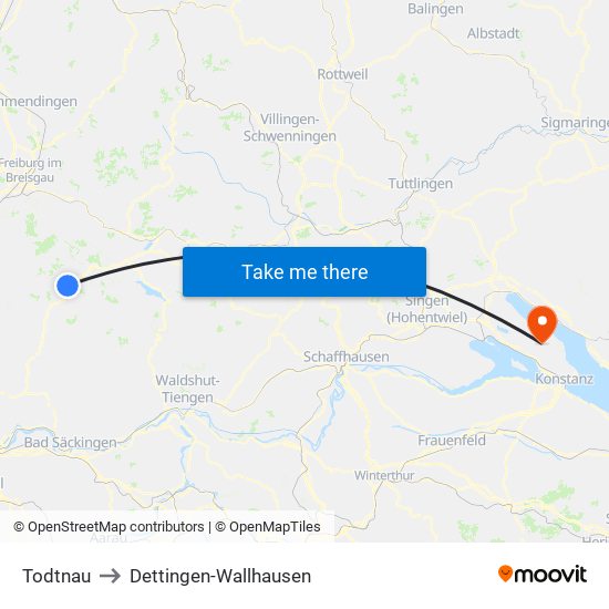 Todtnau to Dettingen-Wallhausen map