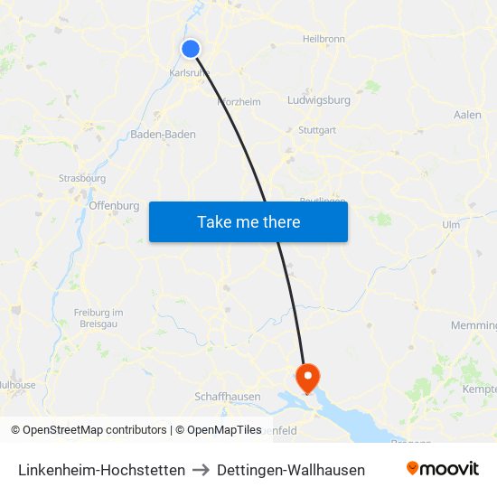 Linkenheim-Hochstetten to Dettingen-Wallhausen map