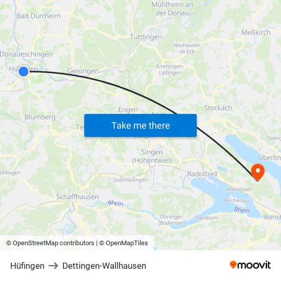 Hüfingen to Dettingen-Wallhausen map