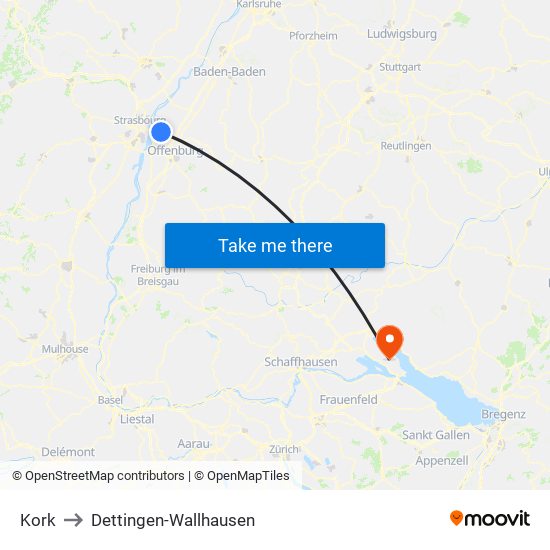 Kork to Dettingen-Wallhausen map