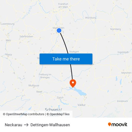 Neckarau to Dettingen-Wallhausen map