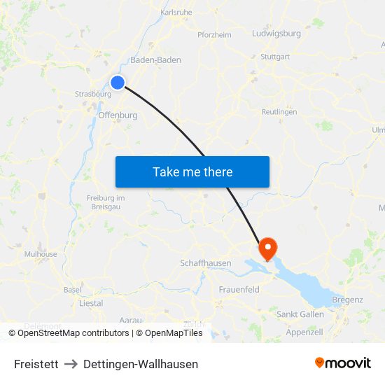 Freistett to Dettingen-Wallhausen map