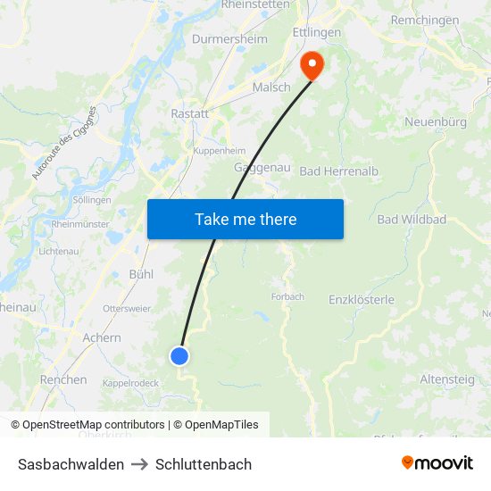 Sasbachwalden to Schluttenbach map