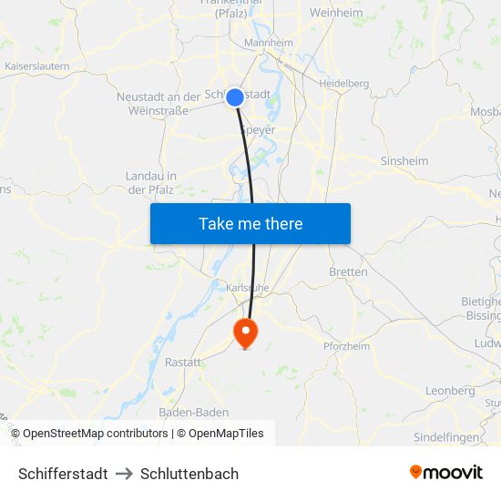 Schifferstadt to Schluttenbach map