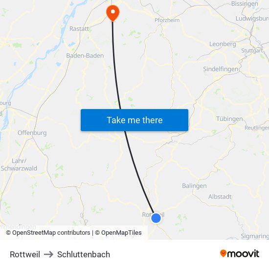 Rottweil to Schluttenbach map