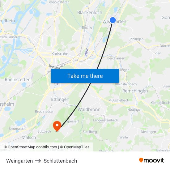 Weingarten to Schluttenbach map