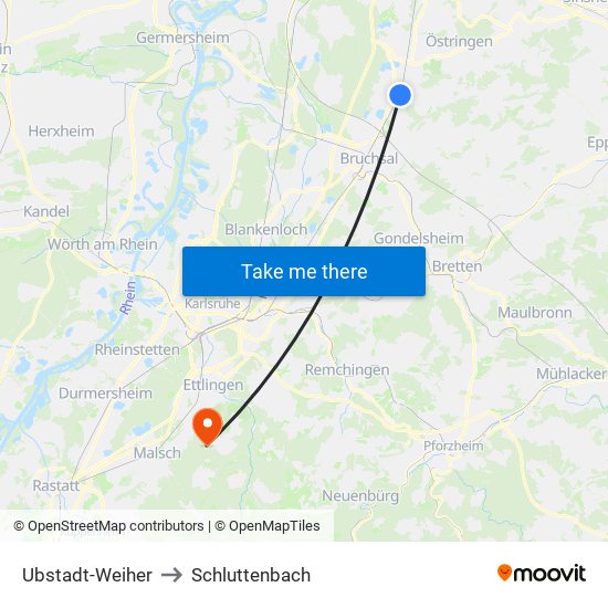 Ubstadt-Weiher to Schluttenbach map