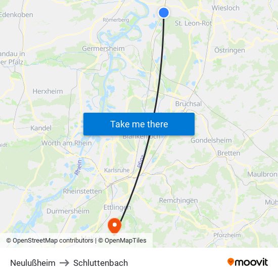 Neulußheim to Schluttenbach map