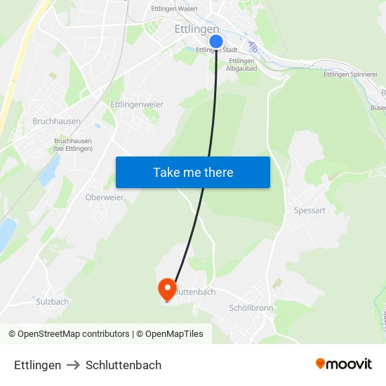 Ettlingen to Schluttenbach map