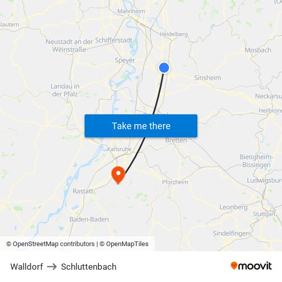 Walldorf to Schluttenbach map