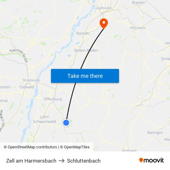 Zell am Harmersbach to Schluttenbach map