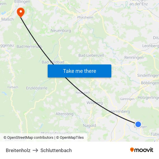 Breitenholz to Schluttenbach map