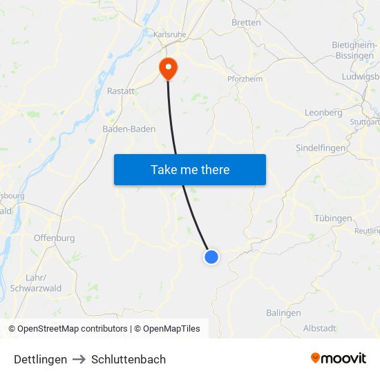 Dettlingen to Schluttenbach map