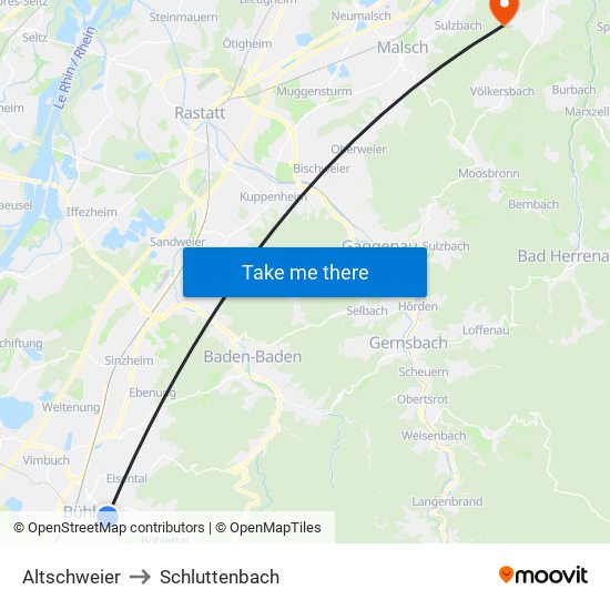 Altschweier to Schluttenbach map