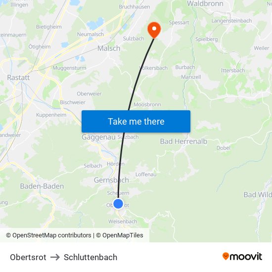 Obertsrot to Schluttenbach map