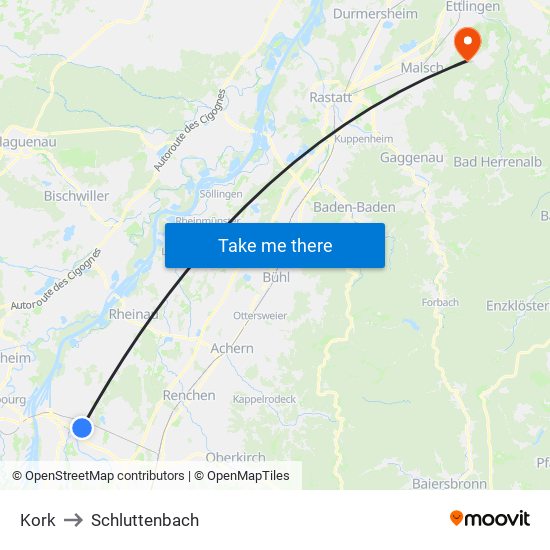 Kork to Schluttenbach map
