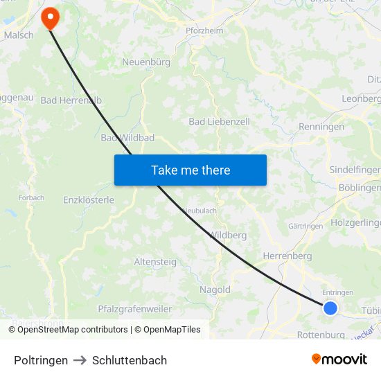 Poltringen to Schluttenbach map