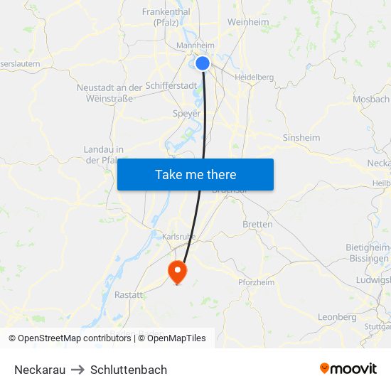 Neckarau to Schluttenbach map