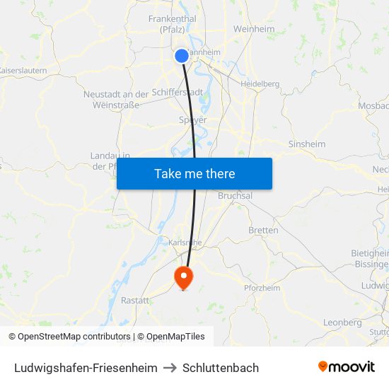 Ludwigshafen-Friesenheim to Schluttenbach map