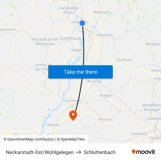 Neckarstadt-Ost/Wohlgelegen to Schluttenbach map