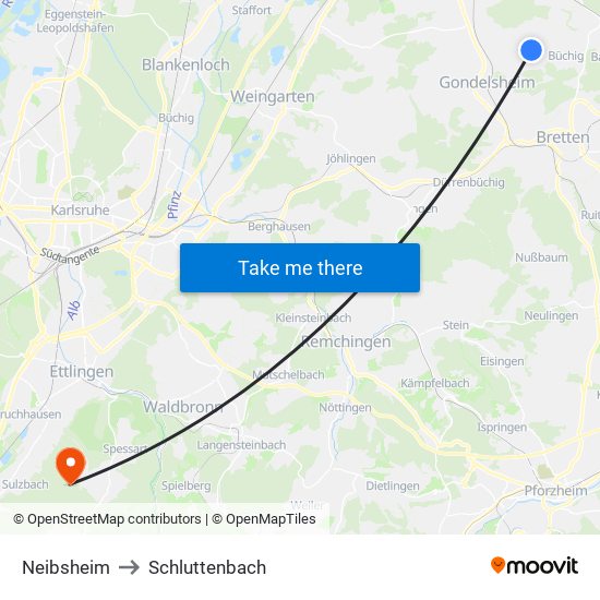 Neibsheim to Schluttenbach map