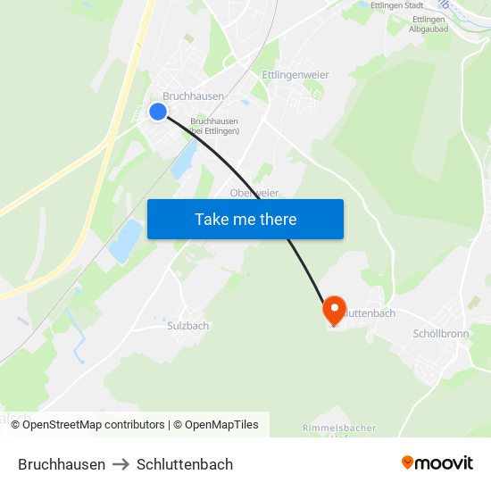 Bruchhausen to Schluttenbach map