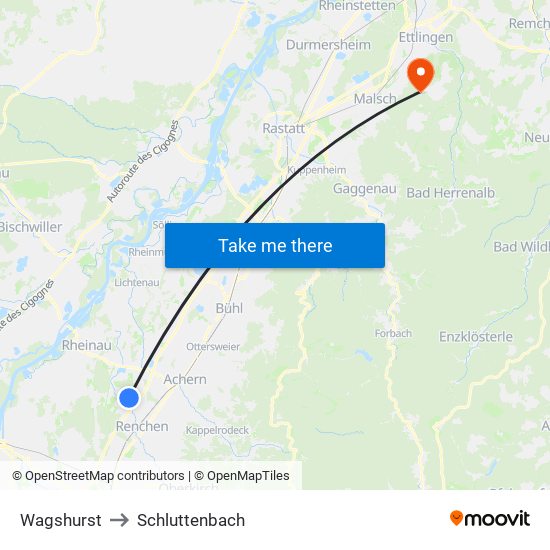 Wagshurst to Schluttenbach map