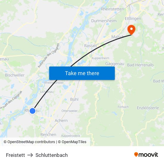 Freistett to Schluttenbach map