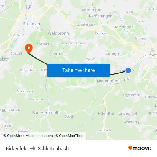 Birkenfeld to Schluttenbach map