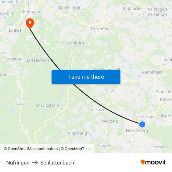 Nufringen to Schluttenbach map