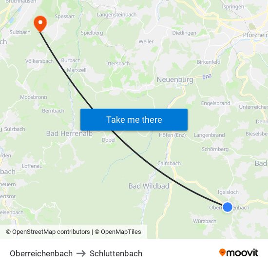 Oberreichenbach to Schluttenbach map