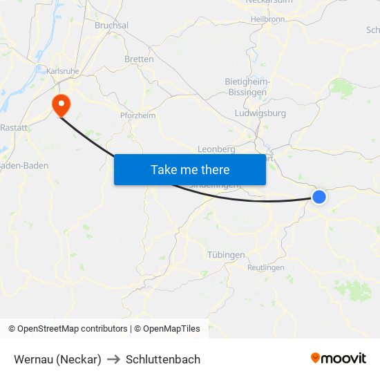 Wernau (Neckar) to Schluttenbach map