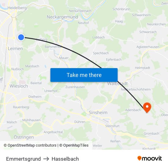 Emmertsgrund to Hasselbach map