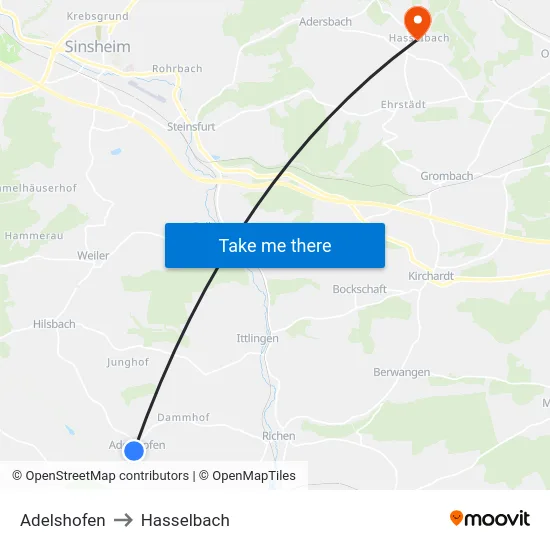 Adelshofen to Hasselbach map