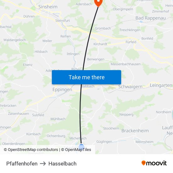 Pfaffenhofen to Hasselbach map