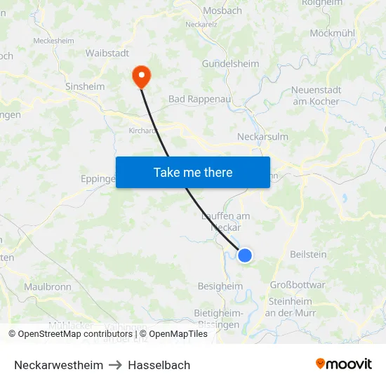 Neckarwestheim to Hasselbach map