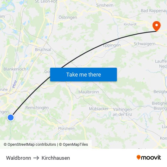 Waldbronn to Kirchhausen map