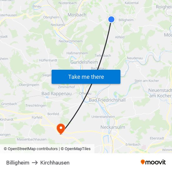 Billigheim to Kirchhausen map