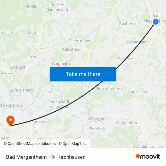 Bad Mergentheim to Kirchhausen map