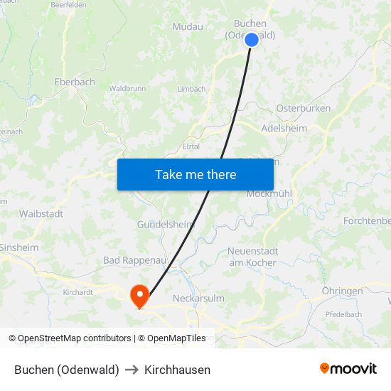 Buchen (Odenwald) to Kirchhausen map