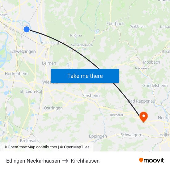 Edingen-Neckarhausen to Kirchhausen map