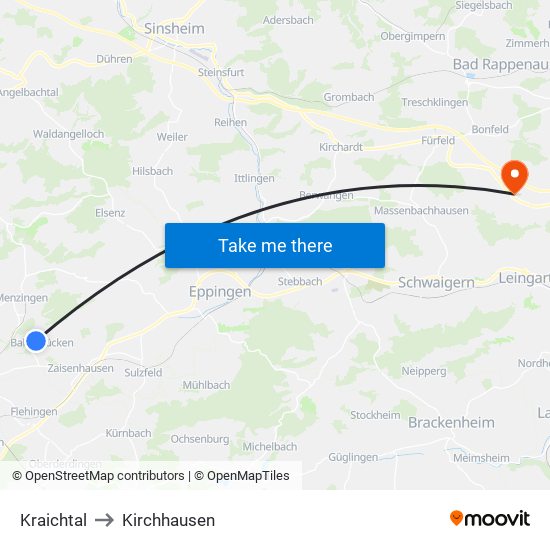 Kraichtal to Kirchhausen map
