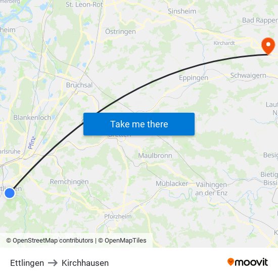 Ettlingen to Kirchhausen map