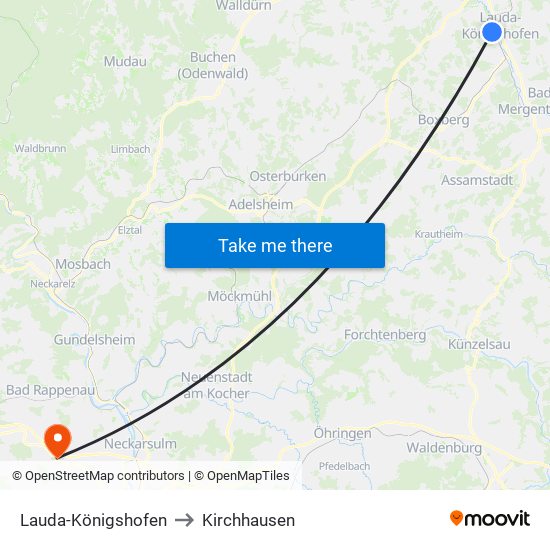 Lauda-Königshofen to Kirchhausen map