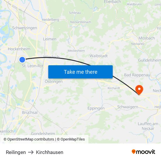 Reilingen to Kirchhausen map