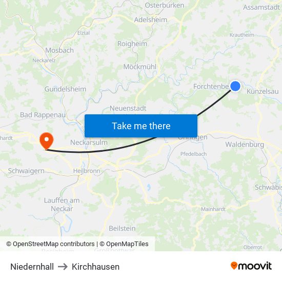 Niedernhall to Kirchhausen map