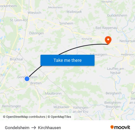 Gondelsheim to Kirchhausen map