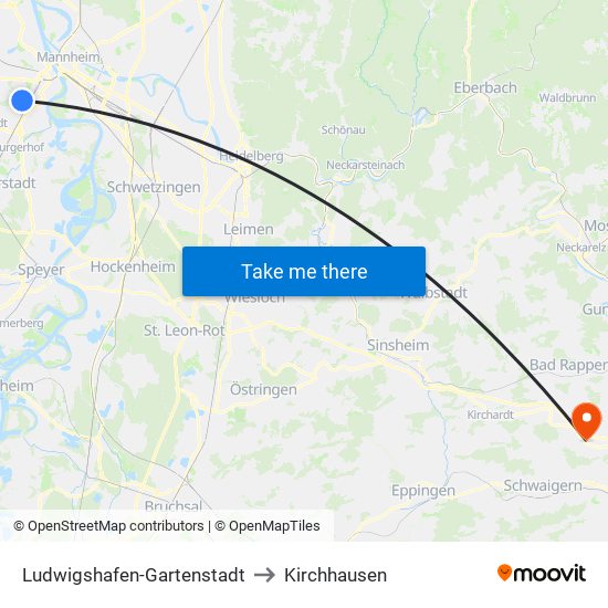 Ludwigshafen-Gartenstadt to Kirchhausen map