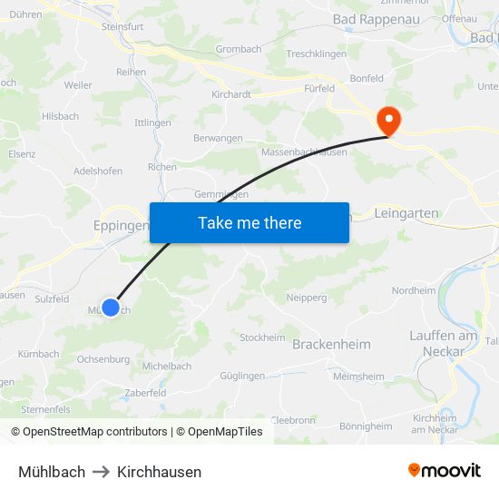Mühlbach to Kirchhausen map
